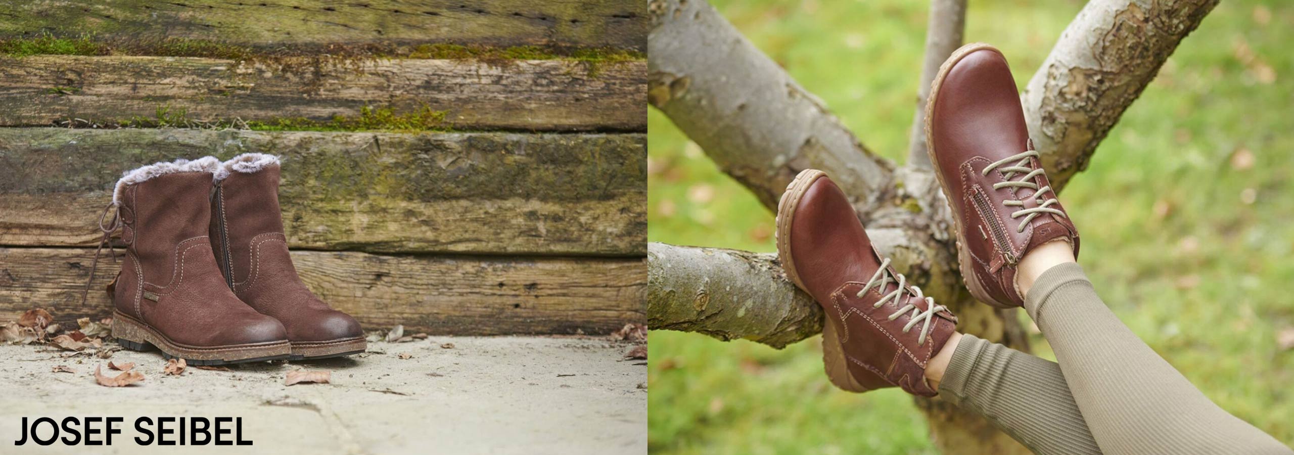 Brown boots on a wooden surface and a branch with grass in the background, featuring the brand 'Josef Seibel'.