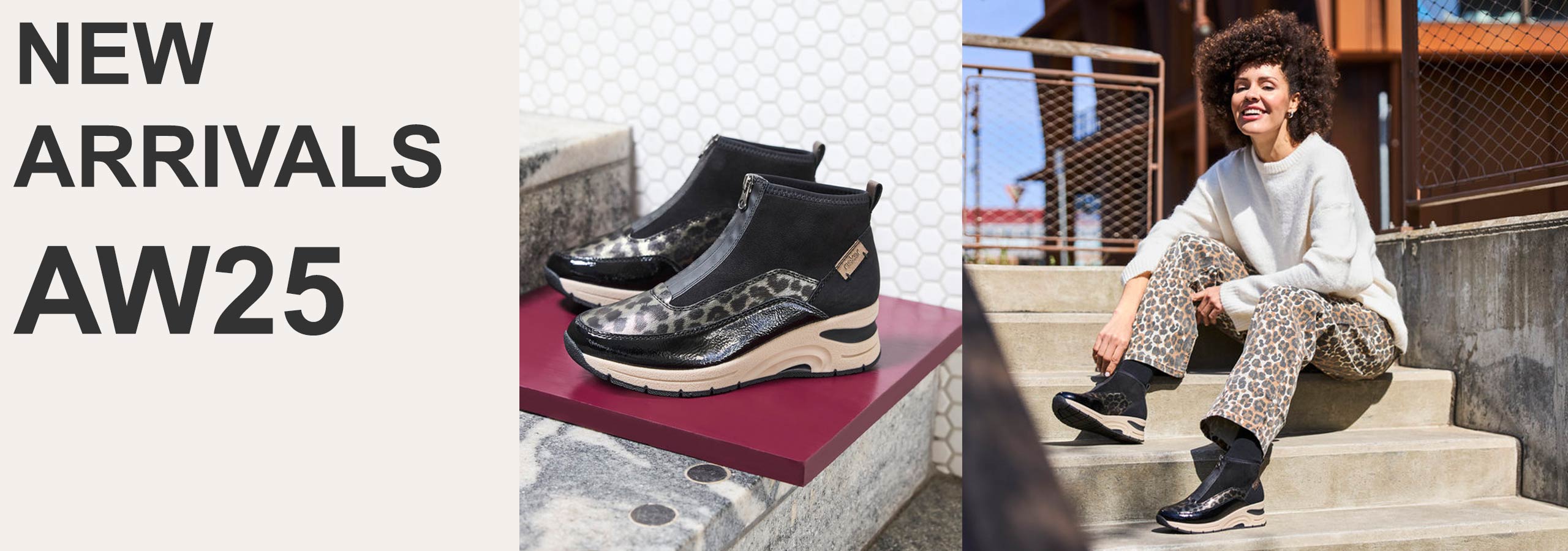 new arrivals AW25 text with images of a pair of shoes and a woman sat on stairs wearing the same pair of shoes