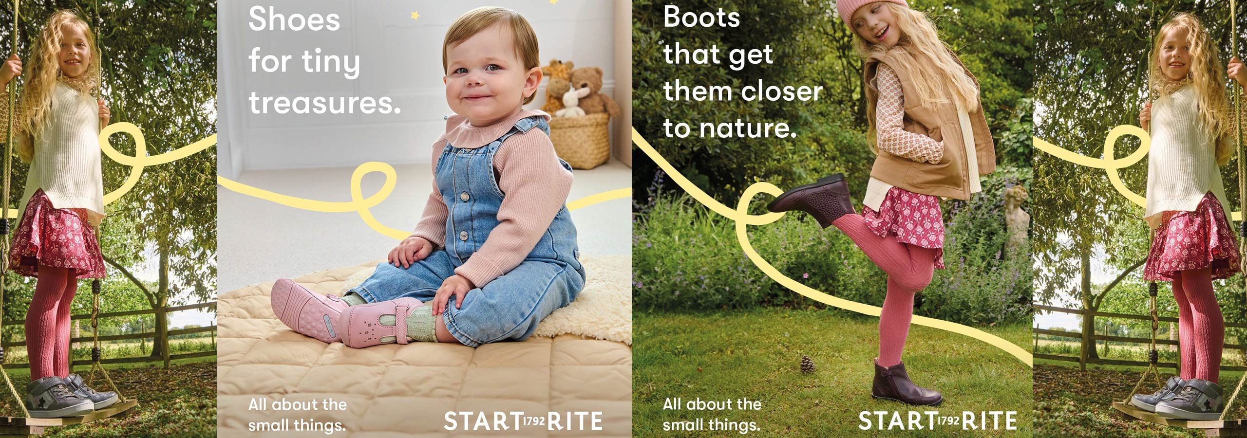 Children's shoes and boots advertisement with a child in a field and text promoting 'Start Rite'.