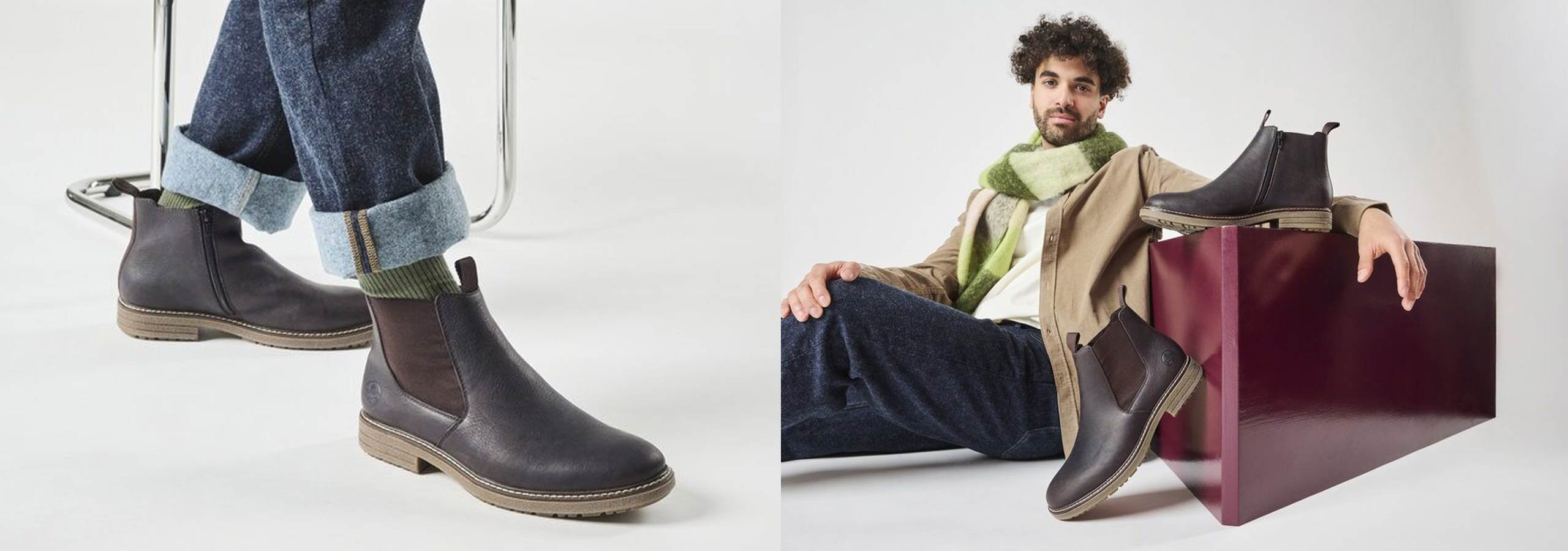 Two people wearing dark rubber boots on a white background