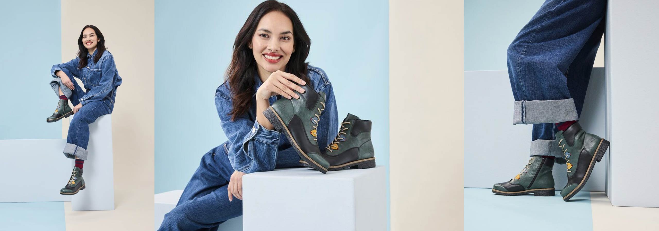Woman sitting on a white block holding a pair of boots, wearing denim outfit with a light blue background